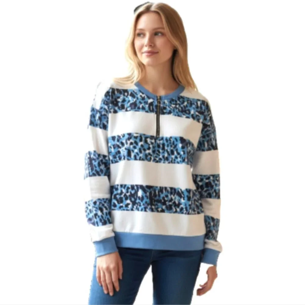Long Sleeve T-shirt  Sz L  NEW Crew Neck Casual Blouse 1/4 zip blue/white Women - Picture 5 of 13